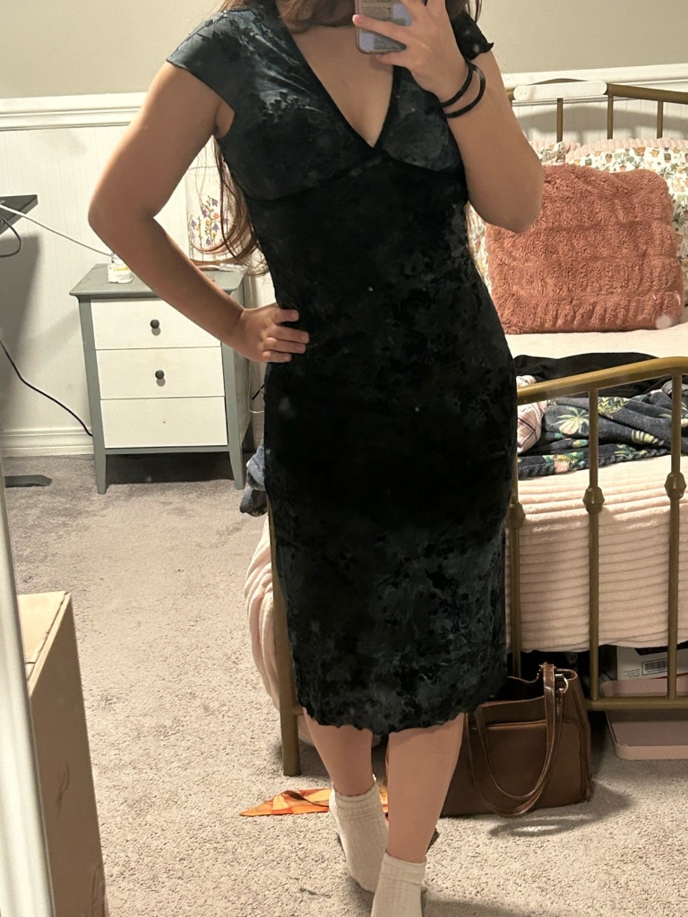 Classic Black Velvet V-Neck Midi Dress